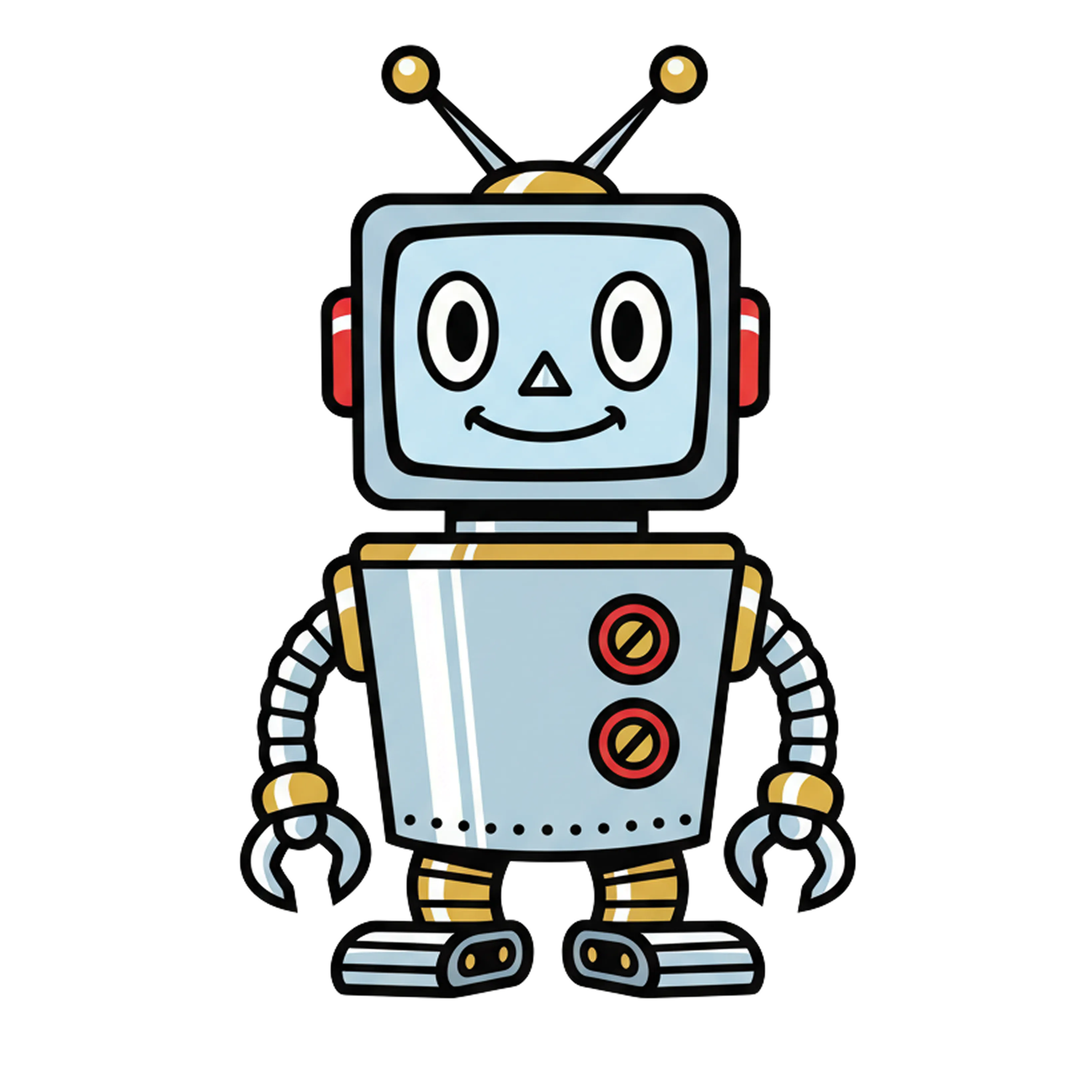 Illustrated robot mascot on a light grey background