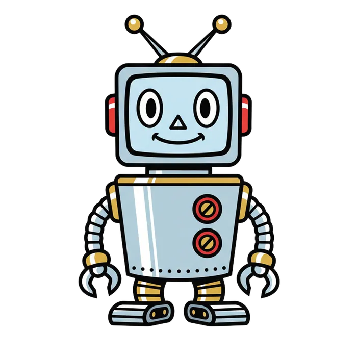Illustrated robot mascot on a light grey background