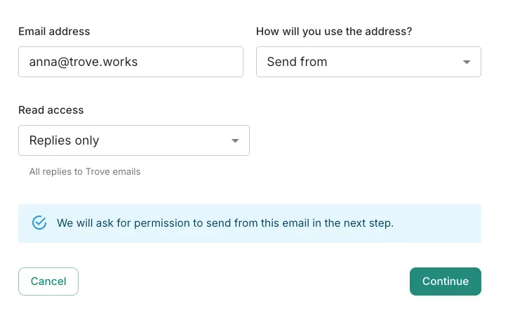 The email address form in Trove, with 'How will you use the address?' set to Send from and 'Read access' set to Replies only.