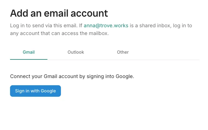 The Add an email account screen in Trove, with Gmail, Outlook and Other tabs and a Sign in with Google button.