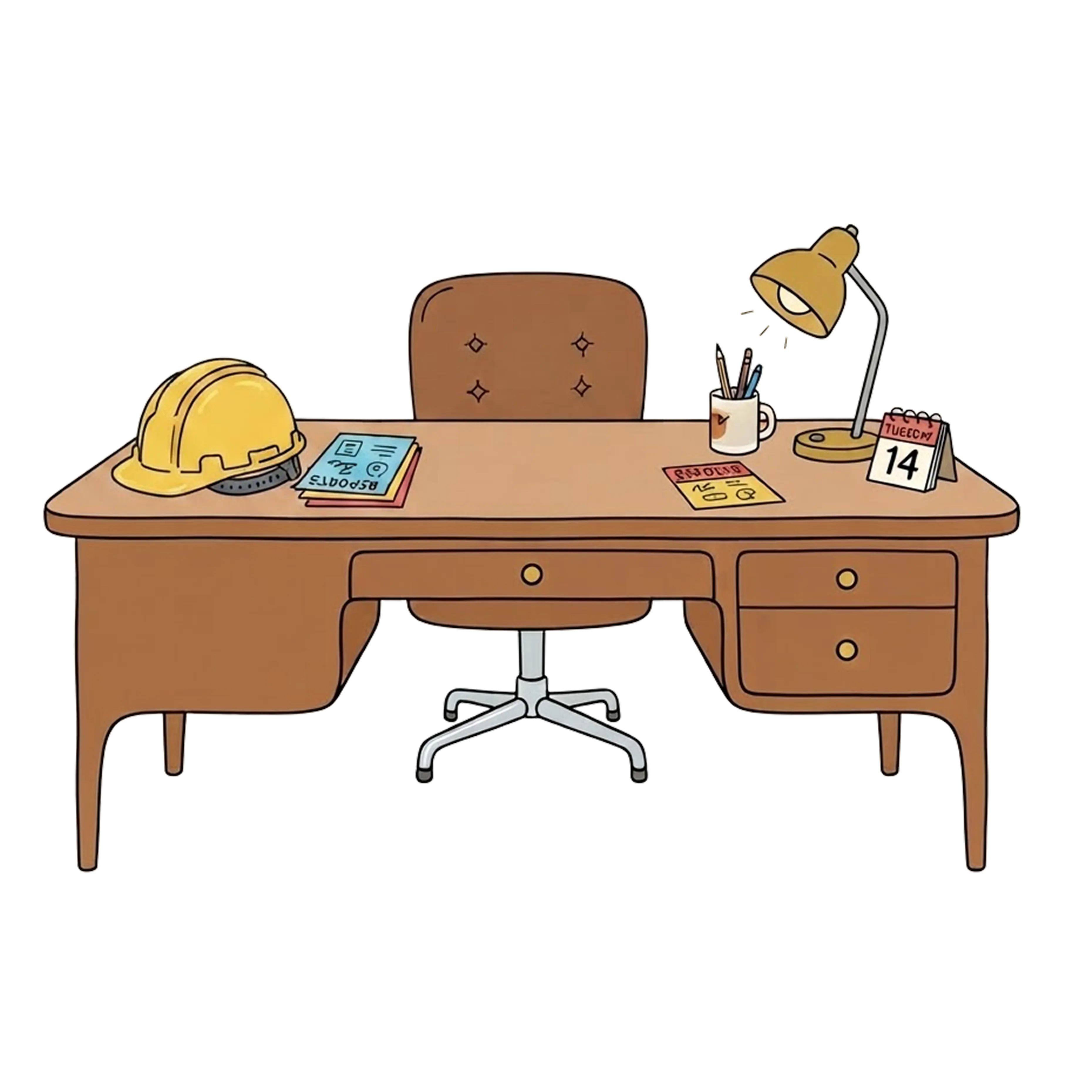 Illustrated office desk with a hard hat, timesheets and a desk calendar