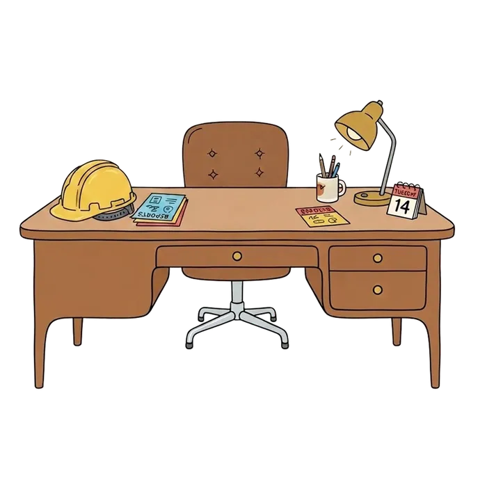 Illustrated office desk with a hard hat, timesheets and a desk calendar