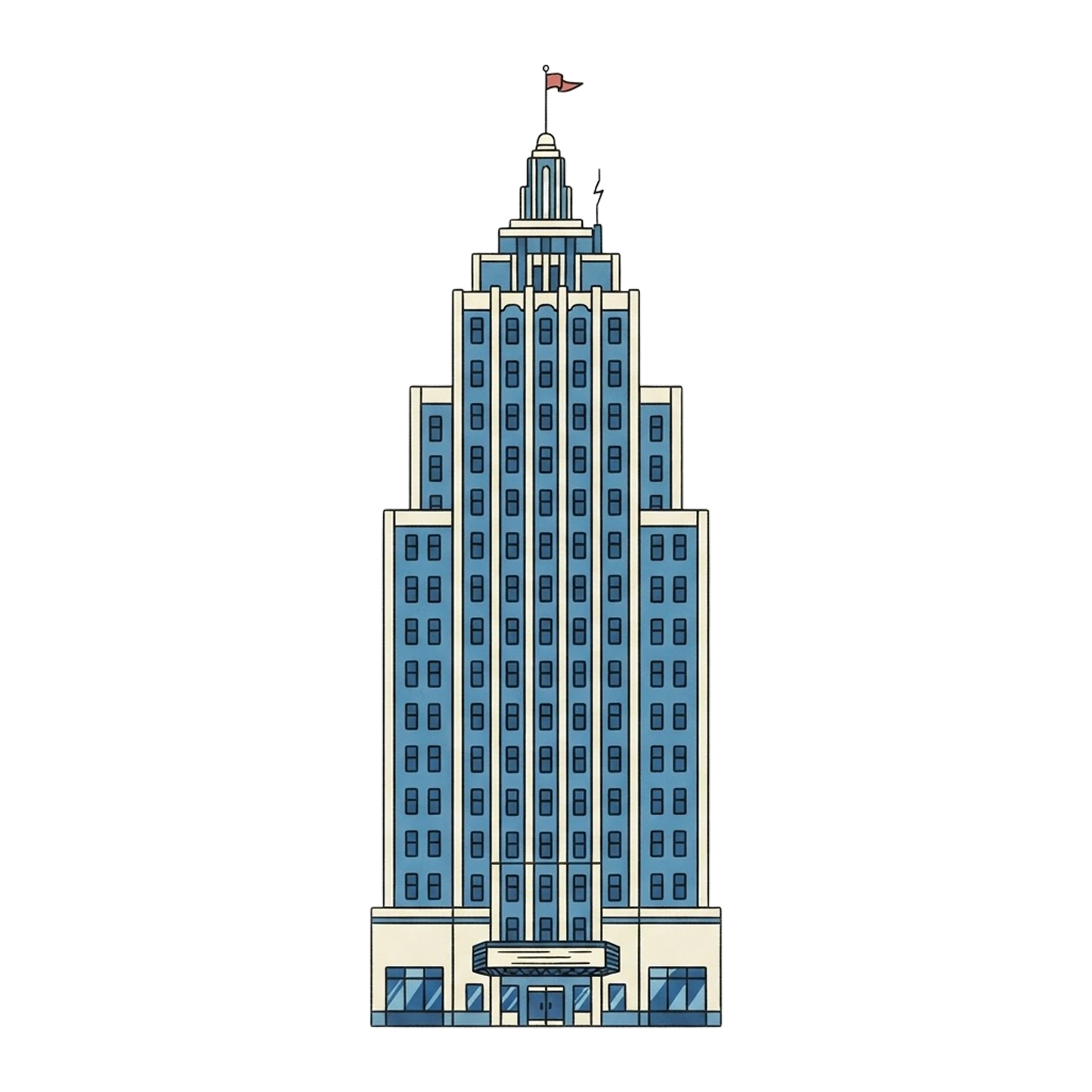 Illustrated art deco skyscraper, representing a large enterprise, on a grey background