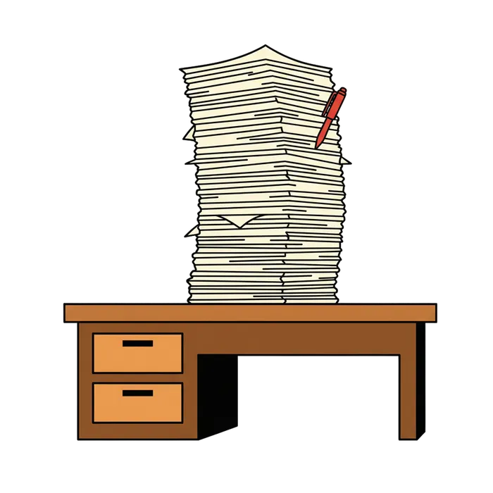 Illustrated stack of paperwork with a pen on a desk