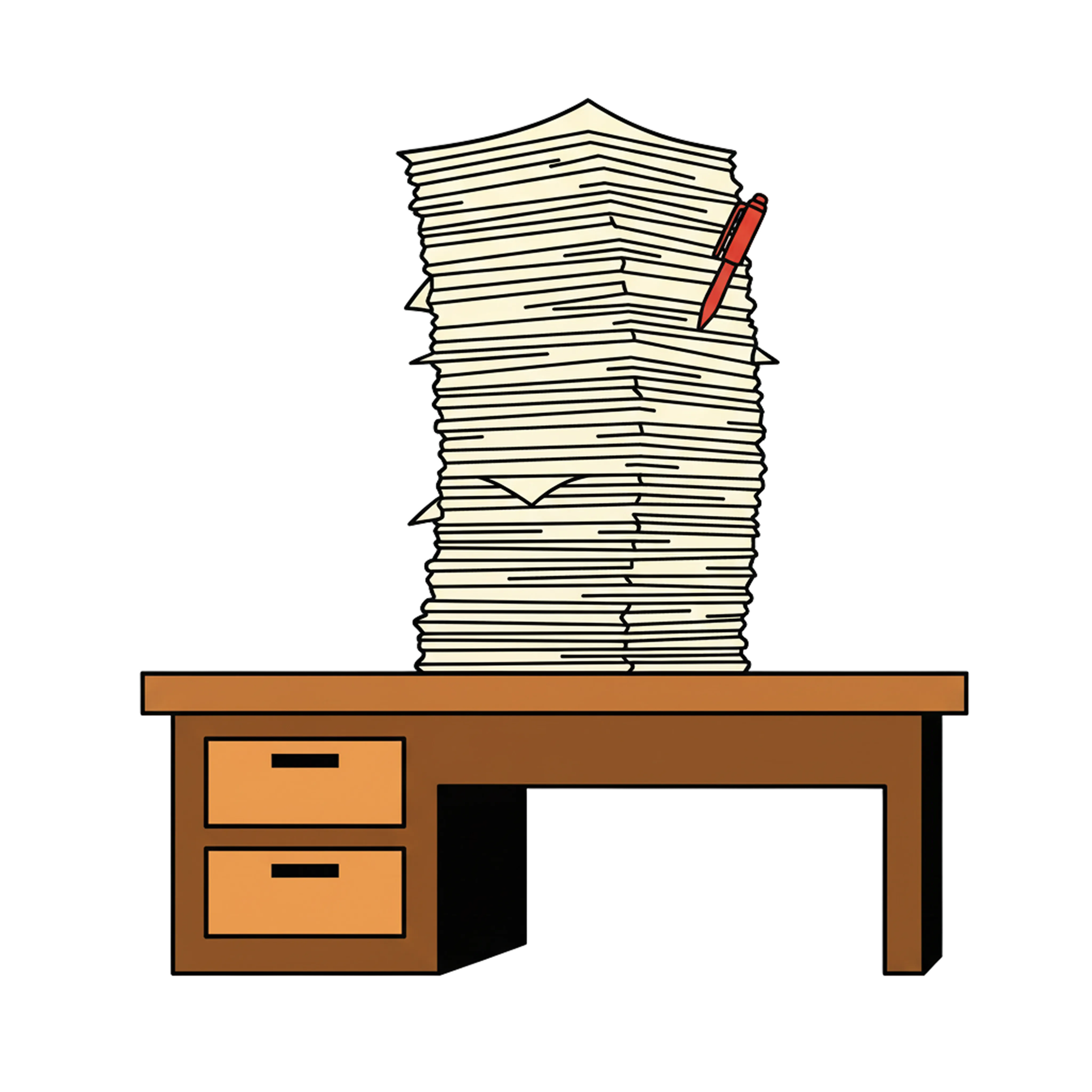 Illustrated stack of paperwork with a pen on a desk