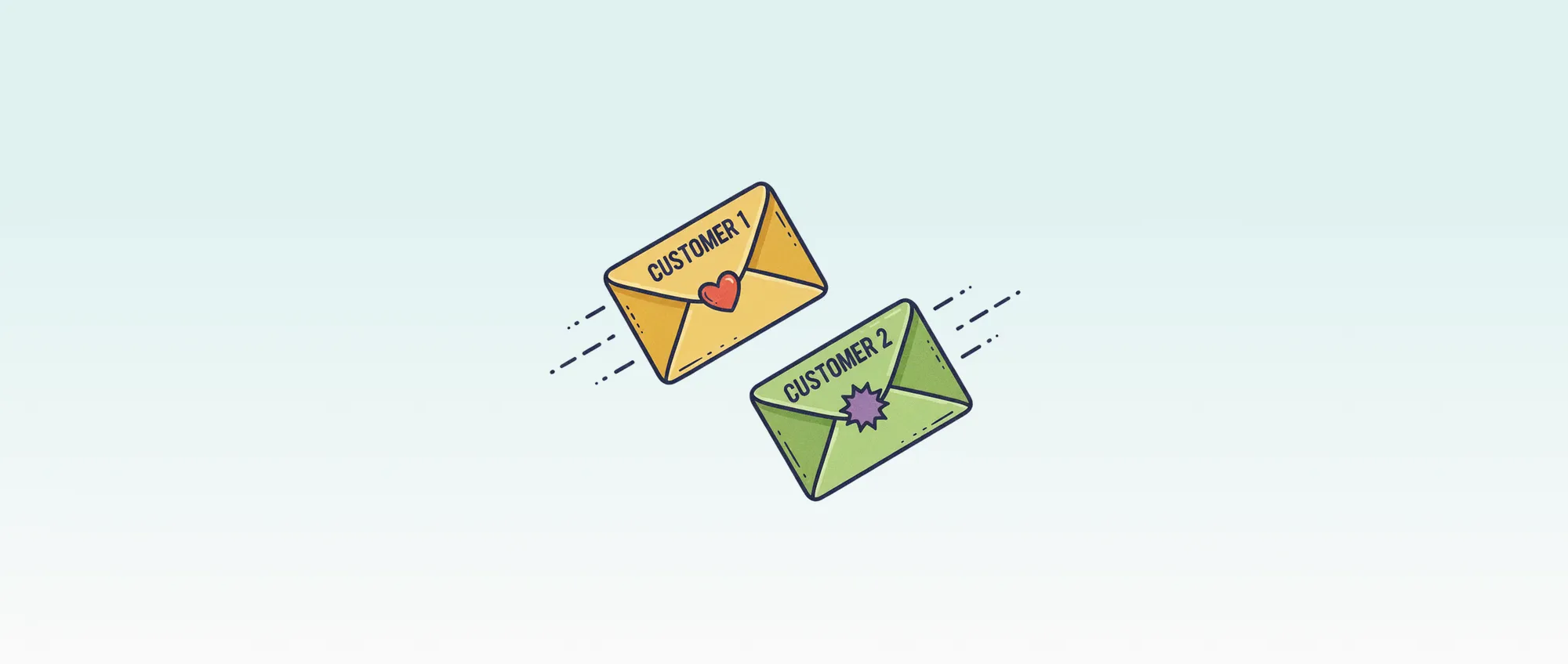 Two envelopes labelled Customer 1 and Customer 2 on a teal gradient background