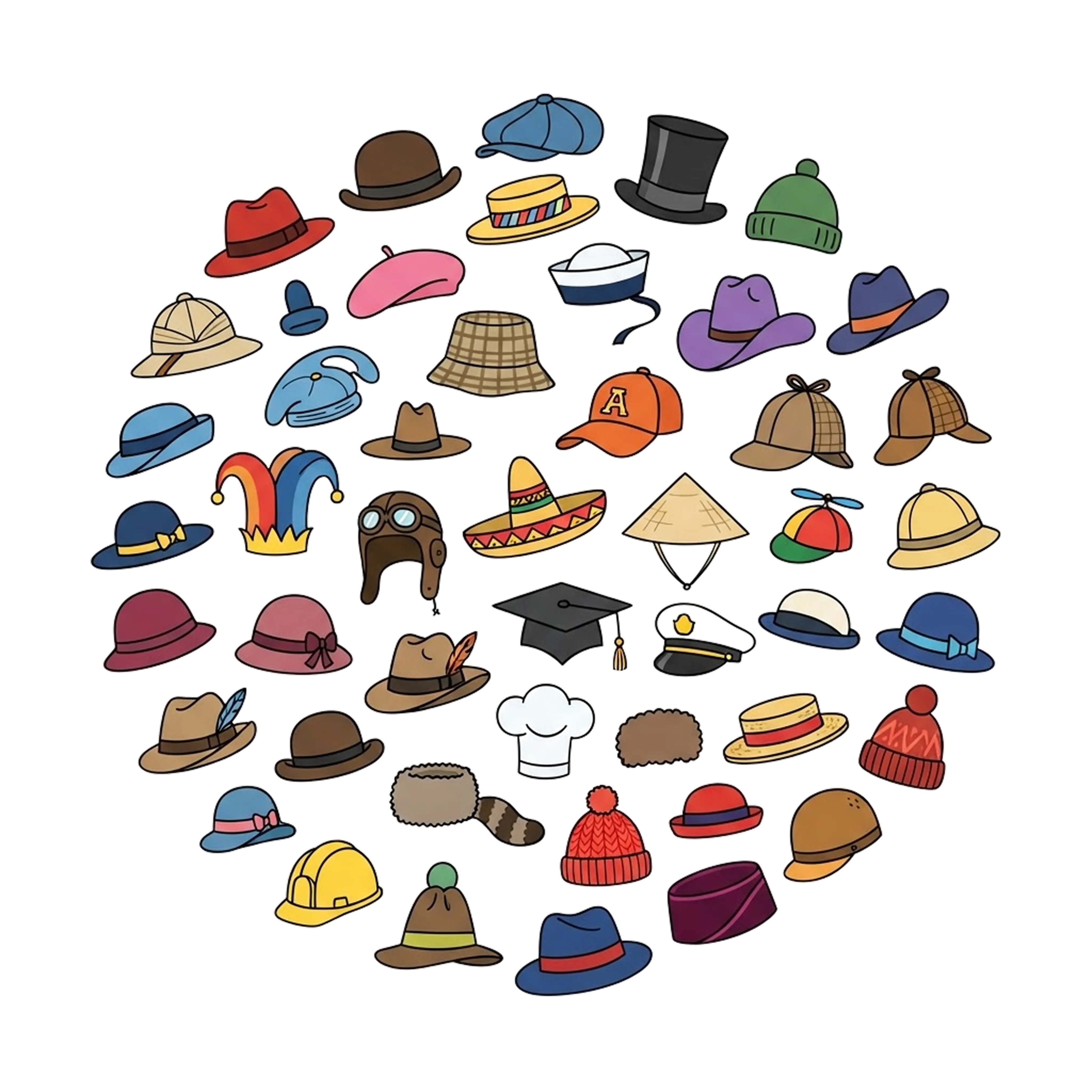 An illustrated circle of many different hats, from a top hat to a hard hat, on a light grey background