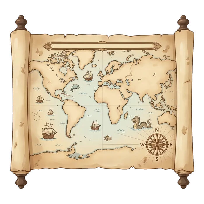 Illustrated world map on a scroll on a light grey background