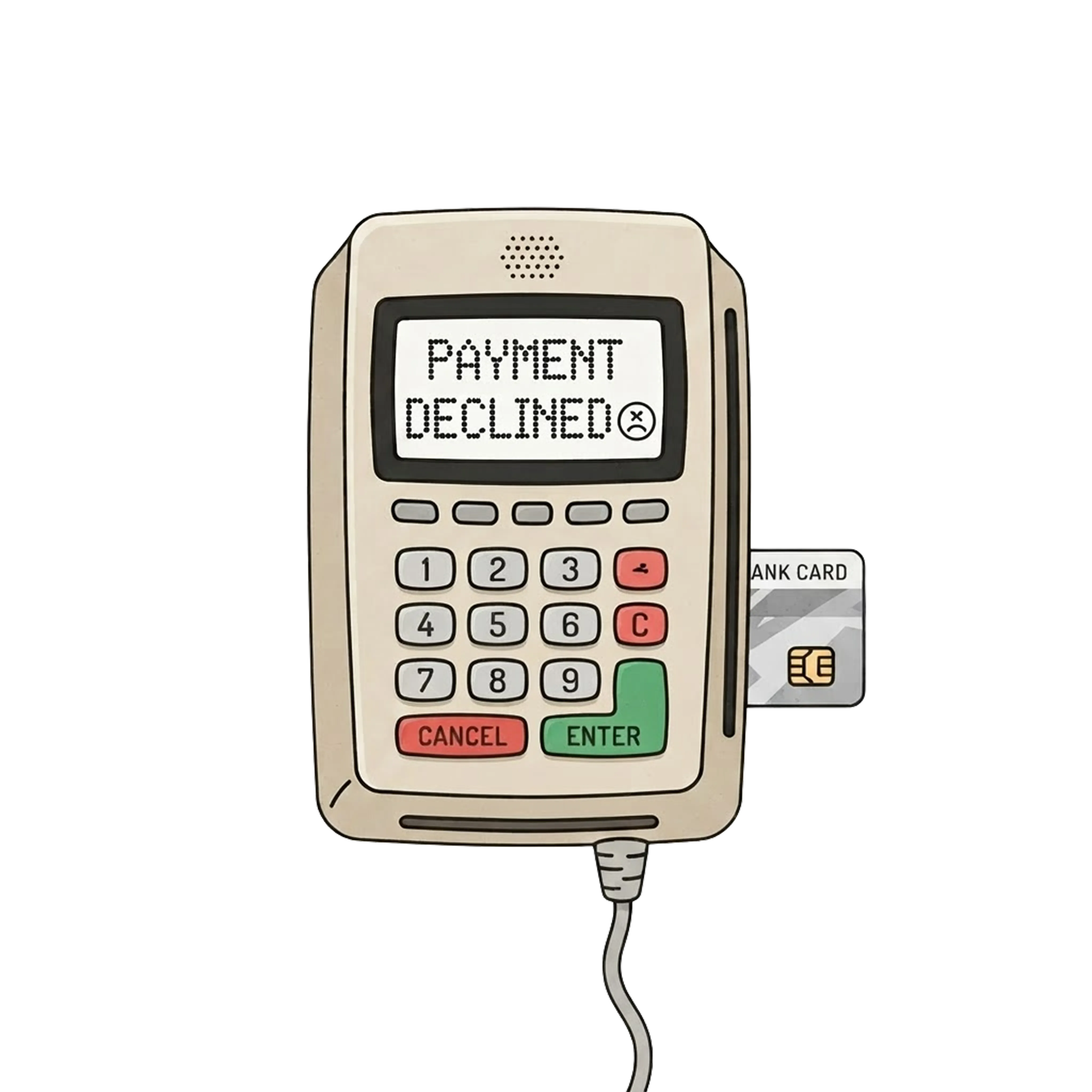 A card payment terminal showing a Payment Declined error, with a bank card inserted