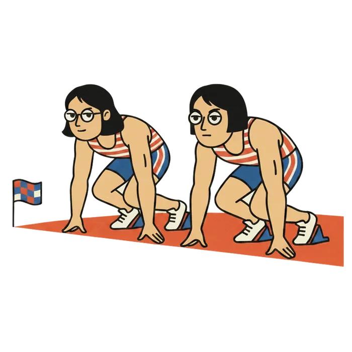 Two runners crouched at a starting line on a grey background