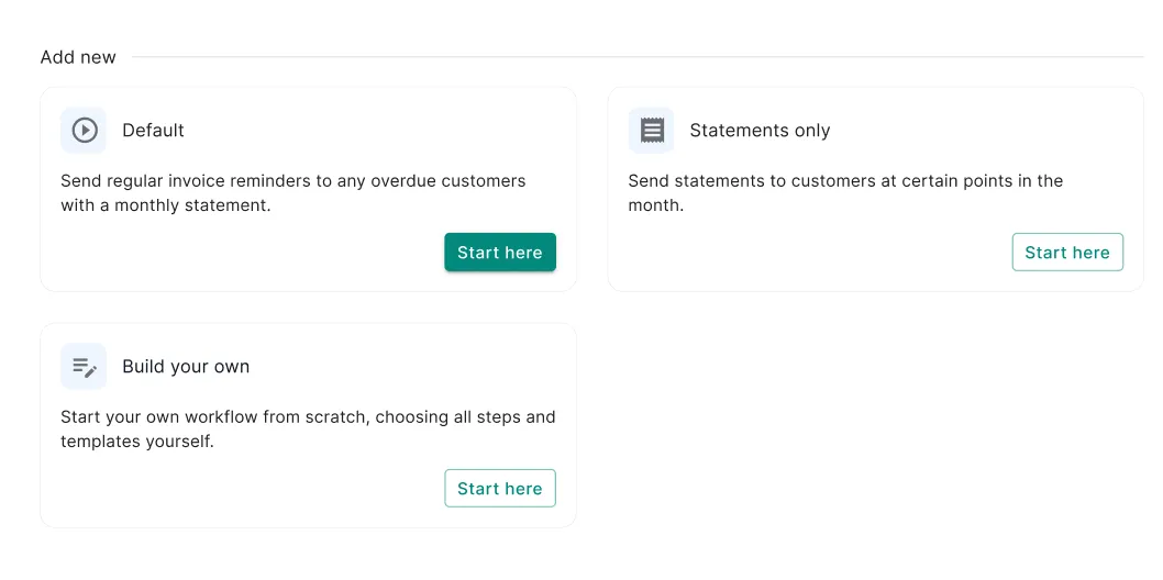 The Add new screen in Trove, showing Default, Statements only and Build your own workflow templates, each with a Start here button.