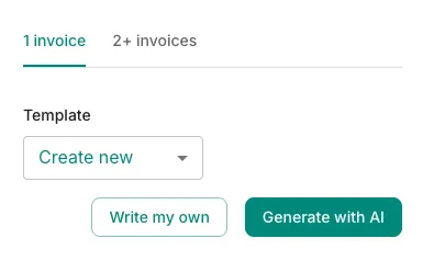 The template picker in Trove for a workflow step, with 1 invoice and 2+ invoices tabs, a Create new template dropdown, and Write my own or Generate with AI buttons.
