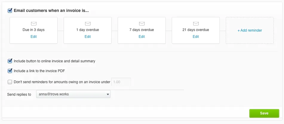 The Xero invoice reminders setup screen, showing the 'Email customers when an invoice is...' checkbox ticked and four active reminder stages: Due in 3 days, 1 day overdue, 7 days overdue, and 21 days overdue.