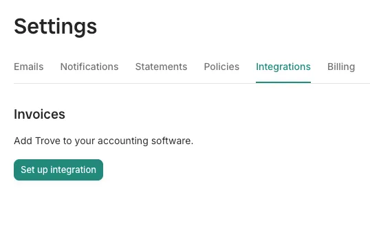 The Integrations tab under Settings in Trove, showing an Invoices section with a Set up integration button.