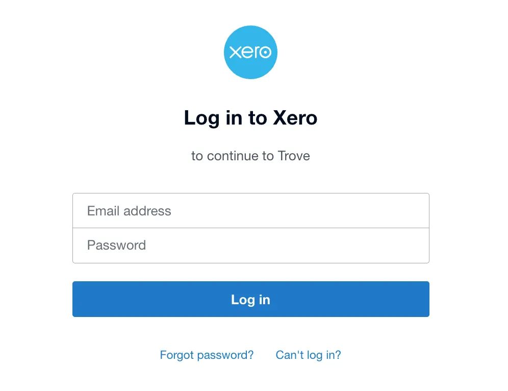 The Xero login screen, prompting the user to log in to Xero to continue to Trove.
