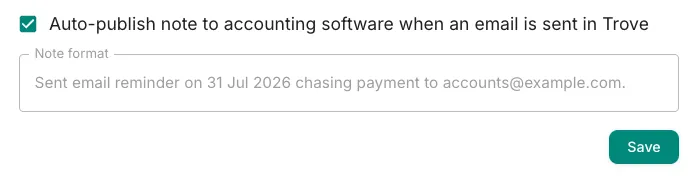 The Auto-publish notes setting under Settings > Integrations in Trove.