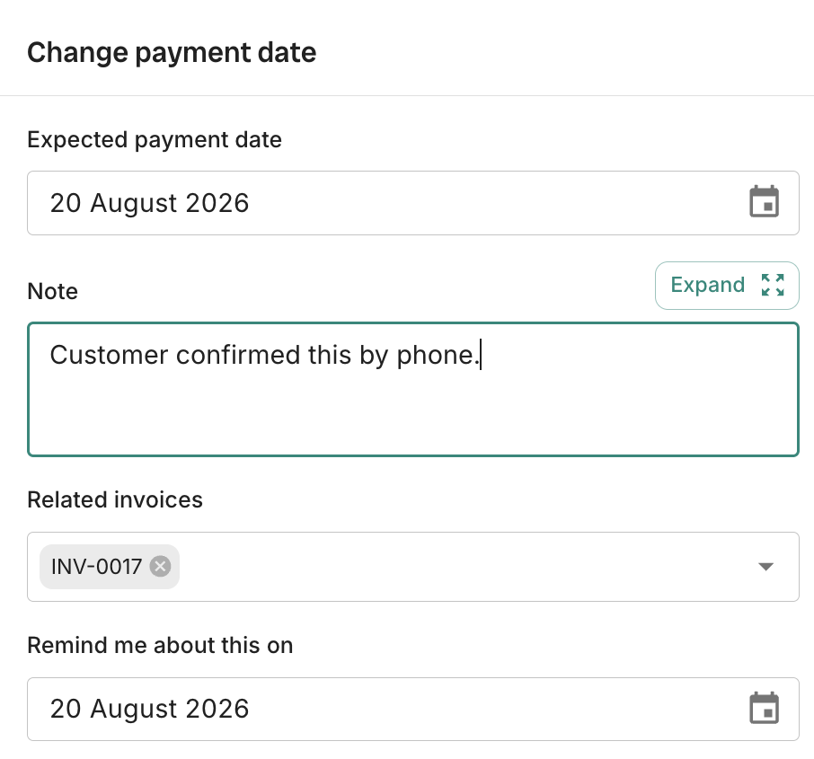 The Change payment date dialog in Trove, showing an expected payment date, a note, related invoices, and a Remind me about this on date