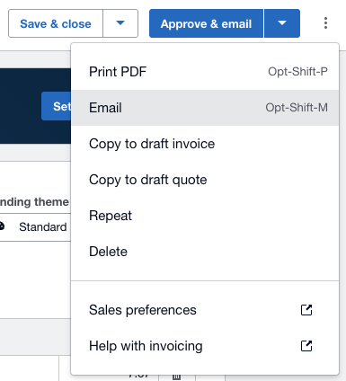 The invoice options menu in Xero with Email highlighted