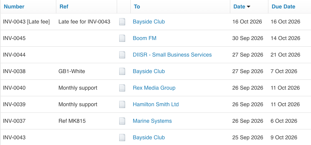 Xero invoice list showing invoices still recorded against each original customer, such as Bayside Club and Boom FM