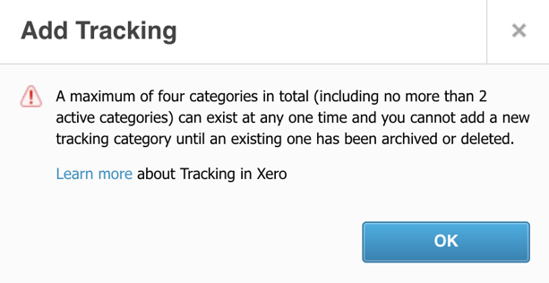 Xero warning that a maximum of four tracking categories can exist in total, including no more than two active categories