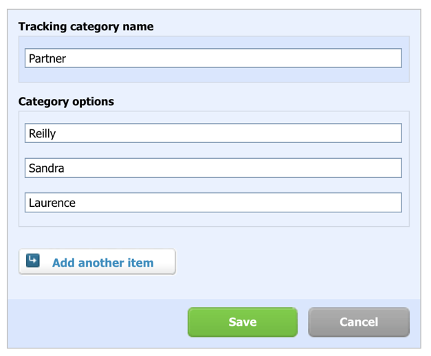Xero tracking category setup screen with a Partner category and one option per partner